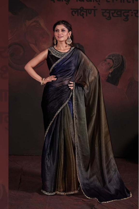 Designer Navy Mustard Handwork Zarkan Work Satin Saree