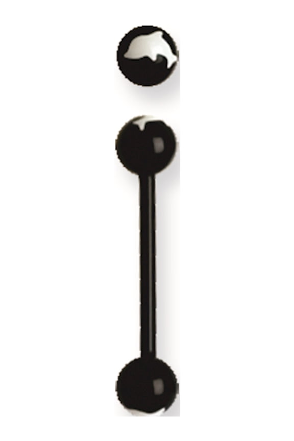 Designer Non Metal Acrylic 14G 5/8 In. Lg Dolphin In Black With White Barbell Made China -Jewelry By Sweet Pea Creations