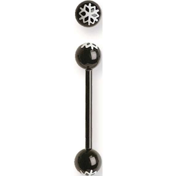 Designer Non Metal Acrylic 14G 5/8 In. Lg Snowflake White On Black Barbell Made In China -Jewelry By Sweet Pea Creations