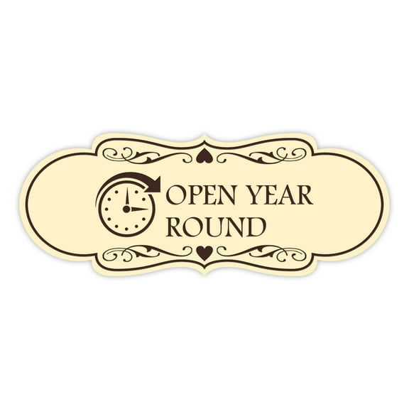 Designer Open Year Round Sign (Ivory/Dark Brown) - Large