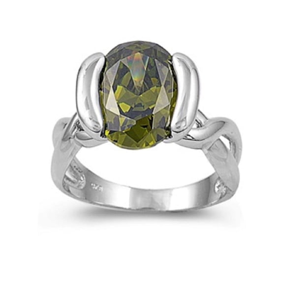 Designer Oval Simulated Peridot Cubic Zirconia Ring Sterling Silver 925 Size 9