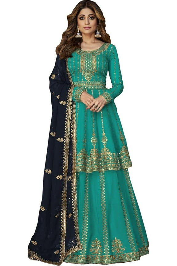 Designer Pakistani Indian Stitched Salwar Kameez Anarkali Lengha Dupatta Suits ( Sky Blue, S - 38 )