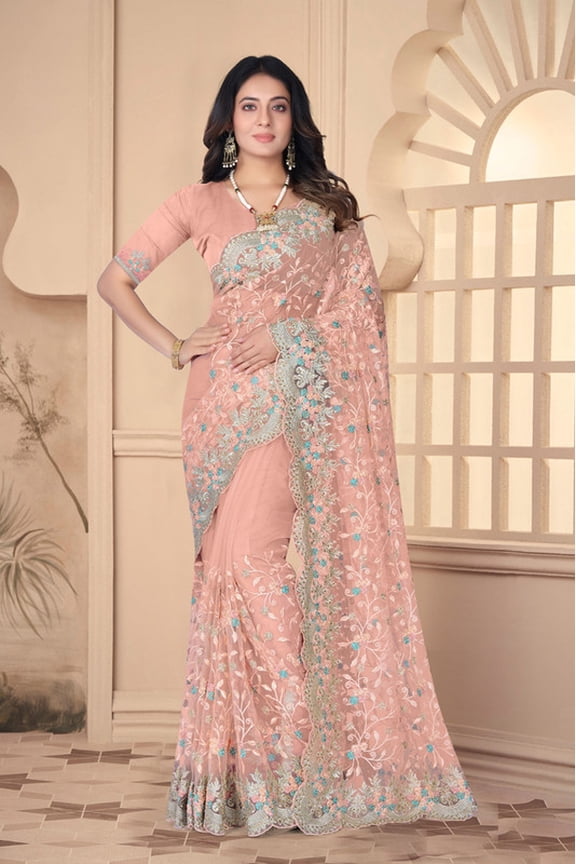 Designer Peach Resham Embroidery Work Net Saree