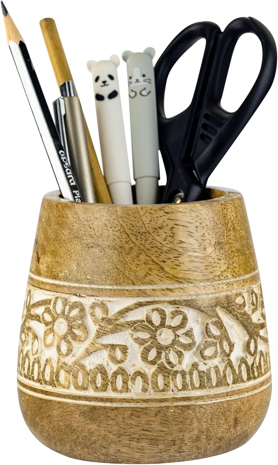 Designer Pencil Holder for Desk Wood | Paintbrush Holder Cup, Desk Accessories, Cute Make Up Brush Organizers | Office Desktop, Wooden Pen Stand | Stationary, Art Supplies | White-4''