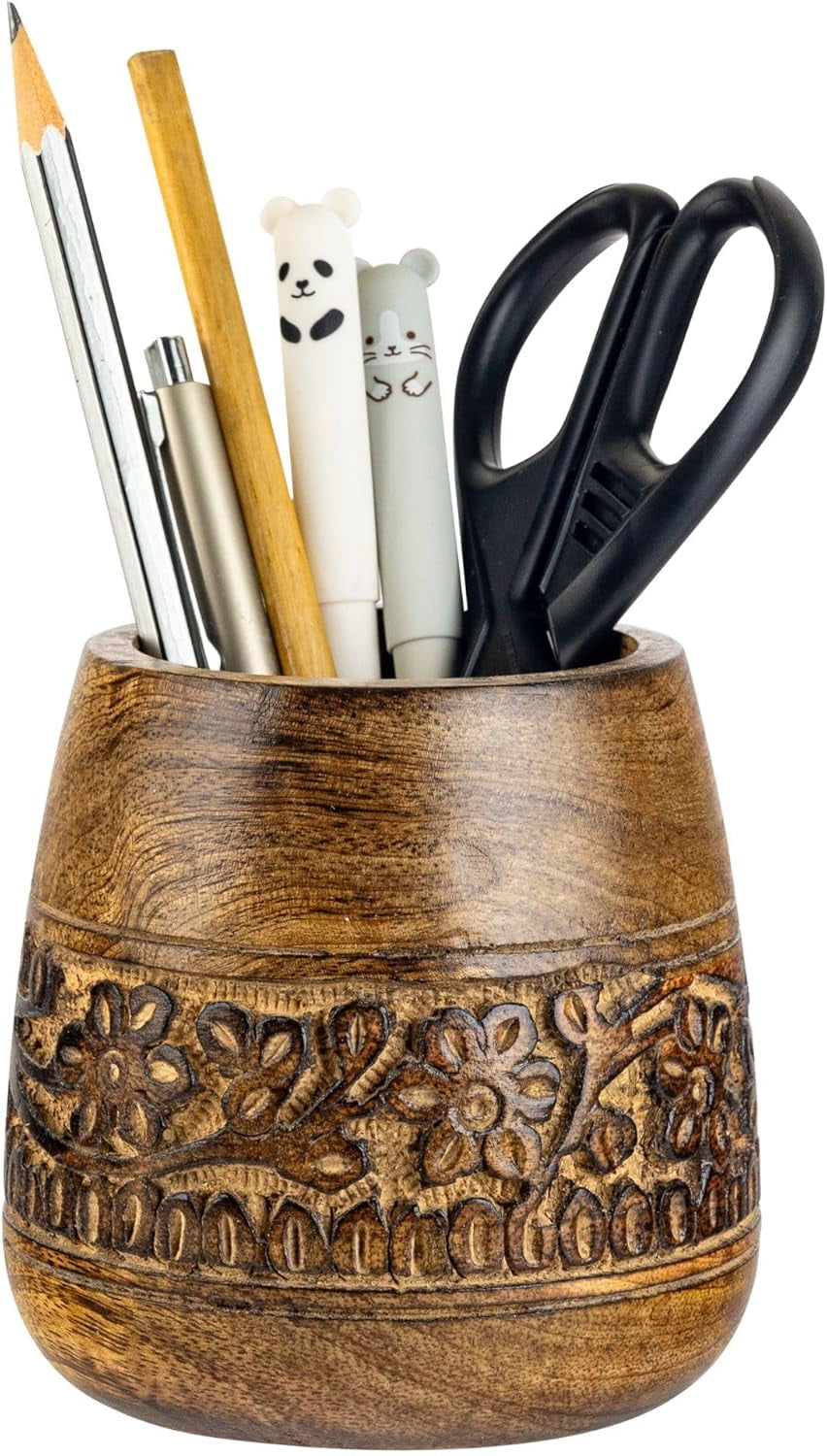 Designer Pencil Holder for Desk Wood | Wooden Pen Stand, Paintbrush Cup, Accessories, Cute Make Up Brush Organizers Office Desktop Stationery, Christmas Holidays Gift- 4'' Brown