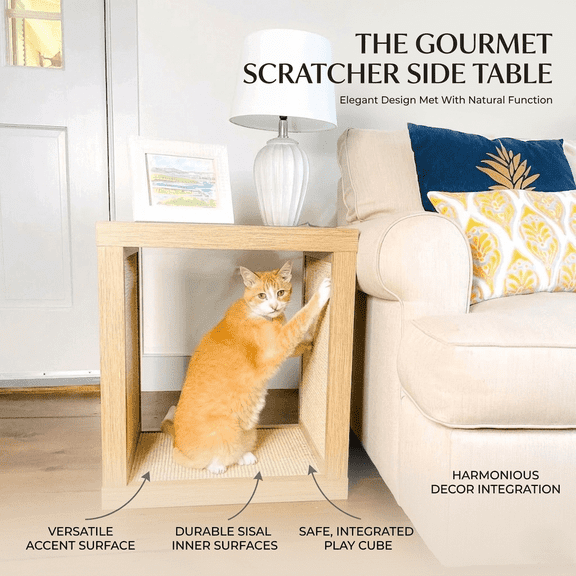 Designer Pet Products Bailey Cat Scratcher, Wooden Cat Scratcher and End Table , Light Wood Veneer