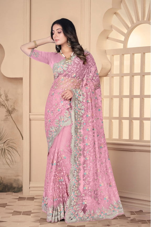 Designer Pink Resham Embroidery Work Net Saree