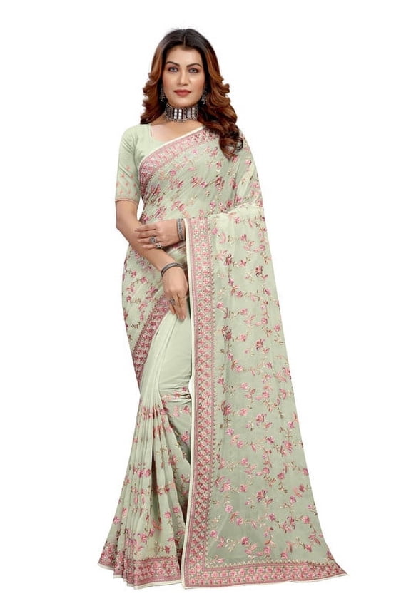 Designer Pista Heavy Resham Embroidery Georgette Saree