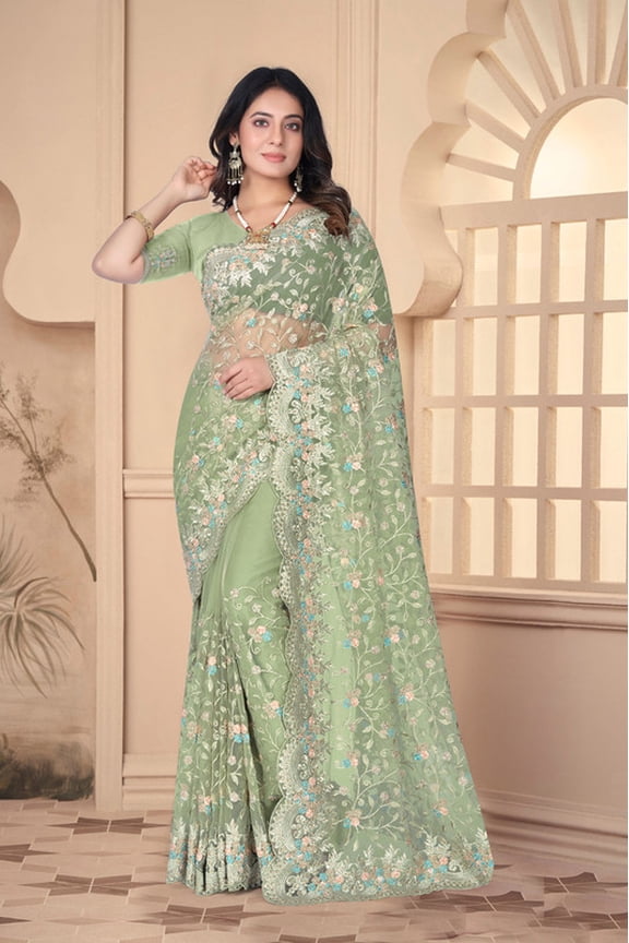 Designer Pista Resham Embroidery Work Net Saree