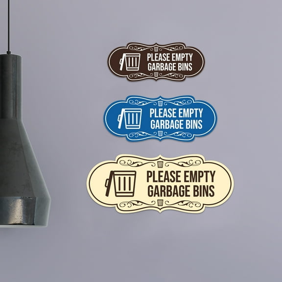 Designer Please Empty Garbage Bins Sign (Navy Blue / White) - Large