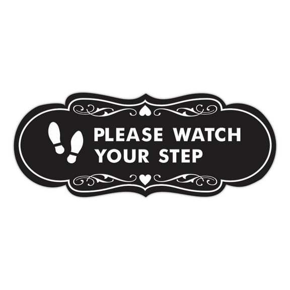 Designer Please Watch Your Step (Footprints) Sign (Black) - Large