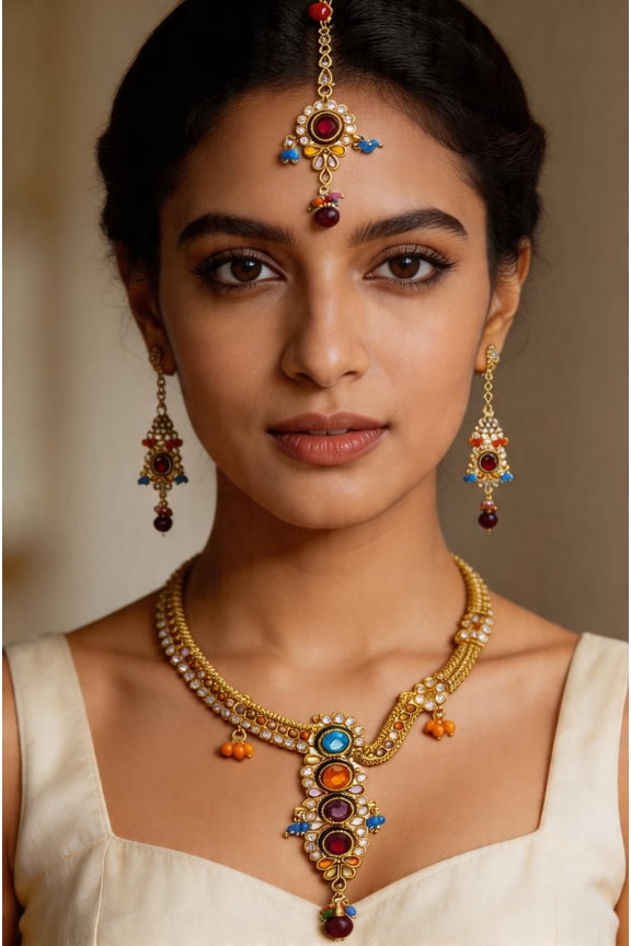Designer Polki Necklace Set with Mang Tika