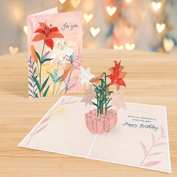 Designer Pop!, Birthday Pop-Up Greeting Card – Stargazer Lilies 3D Design (1 Card with Envelope) Card for Friends, Family and Special Someones