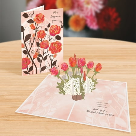Designer Pop!, Valentine’s Day Pop-Up Greeting Card – Growing Roses Design with 3D Red Rose Bouquet, Card for Friends, Family and Special Someones (1 Card with Envelope)