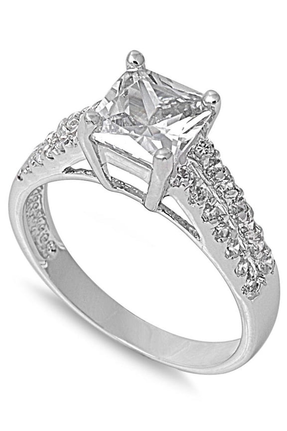 Designer Princess Cut Center Cubic Zirconia Ring Sterling Silver 925
