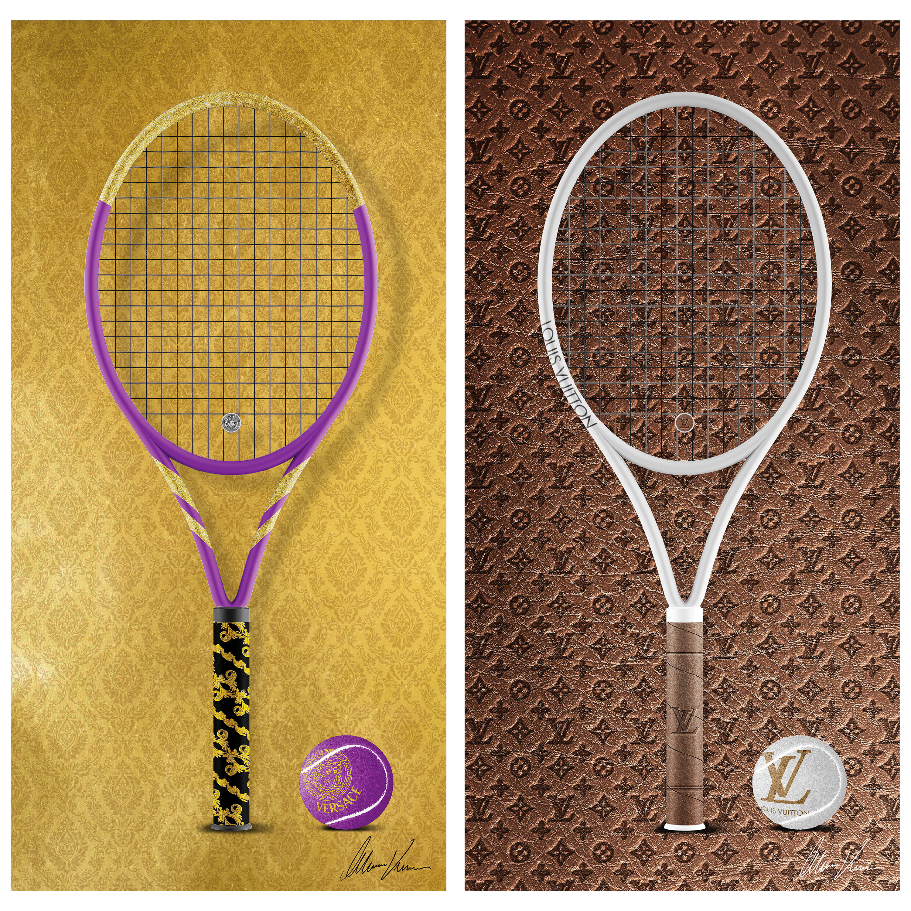 Designer Racquet Frameless Free Floating Tempered Glass Panel Graphic Wall Art , 24" x 48" each