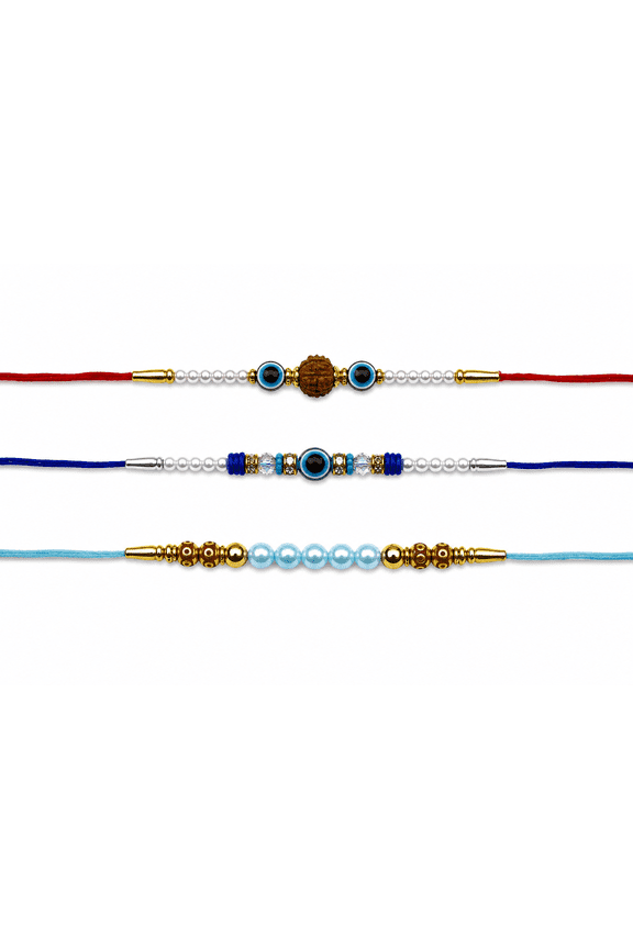 Designer Rakhi Set of 3 for Brother Evil Eye, Rudraksha & Pearl Beaded Handmade Rakhi Combo with Premium Cotton Threads | Traditional Raksha Bandhan Gift for Bhai