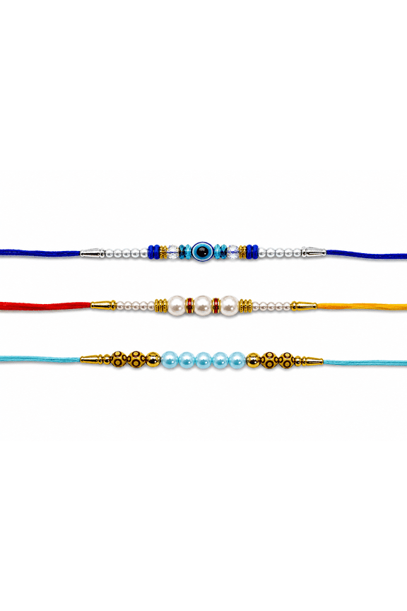 Designer Rakhi Set of 3 for Brother Handmade Evil Eye, Pearl & Crystal Beaded Rakhis with Premium Cotton Thread | Traditional Raksha Bandhan Bracelet Gift