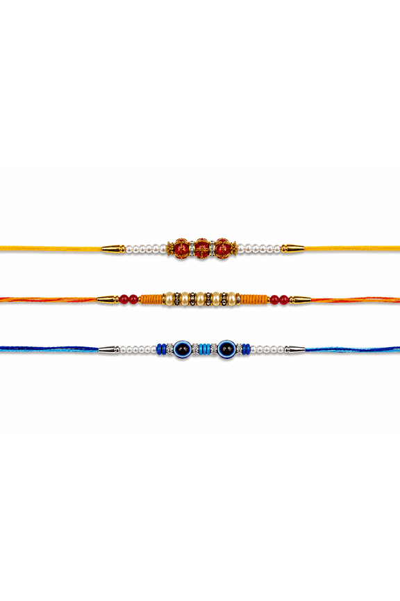 Designer Rakhi Set of 3 for Brother Handmade Pearl, Evil Eye & Crystal Beaded Rakhi Collection with Premium Cotton Threads | Traditional Raksha Bandhan Gift