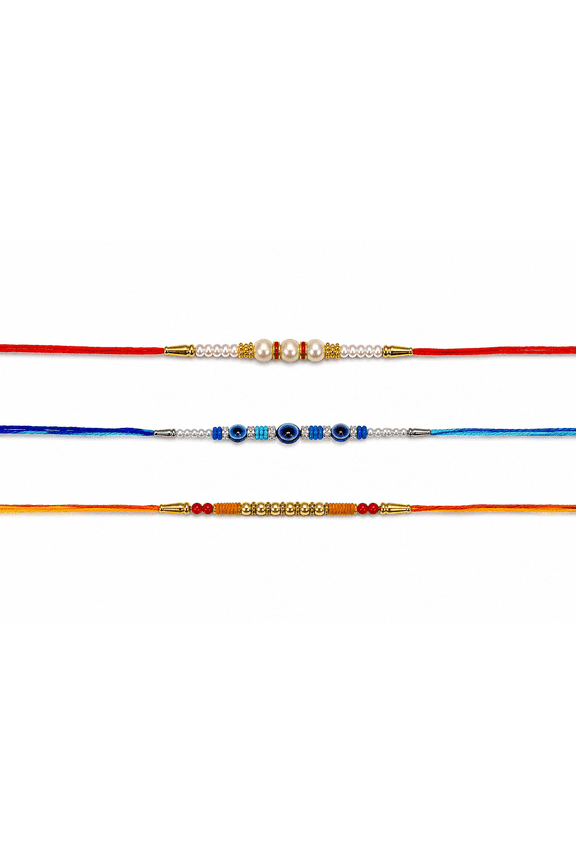 Designer Rakhi Set of 3 for Brother Handmade Pearl, Evil Eye & Gold Bead Rakhi Collection with Premium Cotton Threads | Traditional Raksha Bandhan Gift