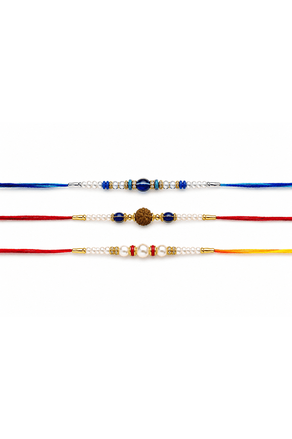 Designer Rakhi Set of 3 for Brother  Handmade Pearl, Rudraksha & Blue Beaded Rakhi with Premium Thread | Traditional Raksha Bandhan Gift