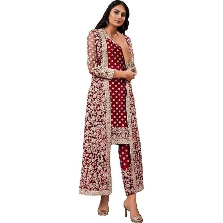 Designer Reception Wear Indian Pakistani Shalwar Kameez Shrug Pant Suits Red M 40 Walmart