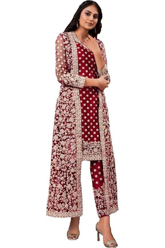 Designer Reception Wear Indian Pakistani Shalwar Kameez Shrug Pant Suits ( Red, XXS - 34 )