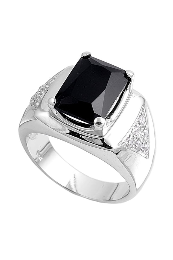 Designer Rectangular Black Cubic Zirconia Men's Ring Sterling Silver 925