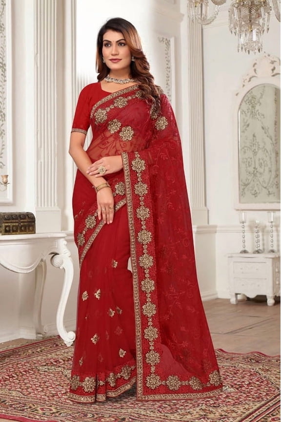 Designer Red Resham Zari Embroidery Net Saree