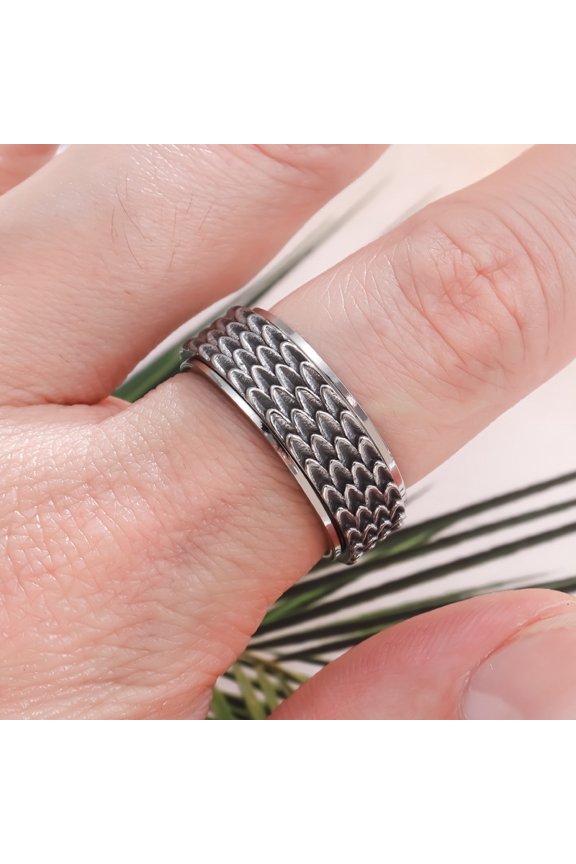Designer Retro 14K White Gold Dragon Scale Reverse Scale Men's Ring Personalized Rotatable Simple Hand Jewelry