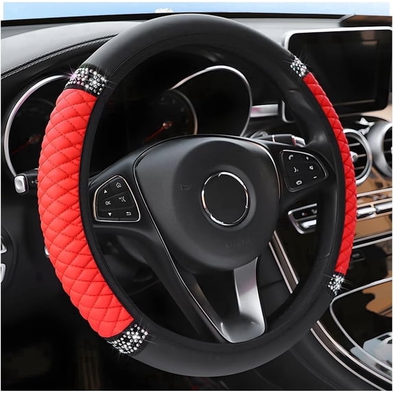 Designer Rhinestone Car Steering Wheel Cover for Women, 15 Inch Sparkly Steering Wheel Protector with Crystal Diamonds, Soft Leather Non-Slip Grip for Most Cars Red