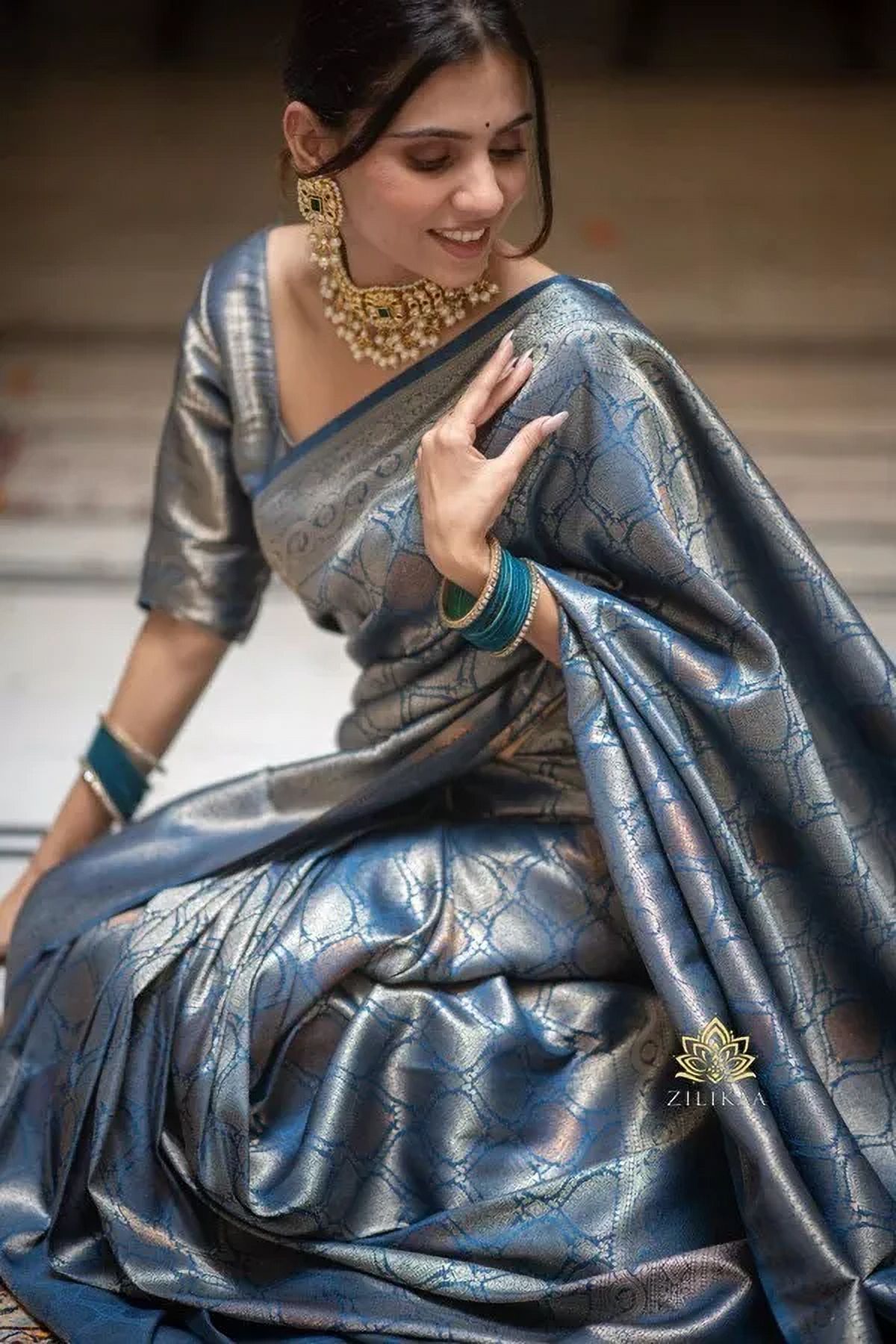 Sari Indiano Bollywood Già Avvolto E Cucito, Blu Reale, In Artsilk Con Elastico, Taglie Dalla S Alla XXL (con Istruzioni)