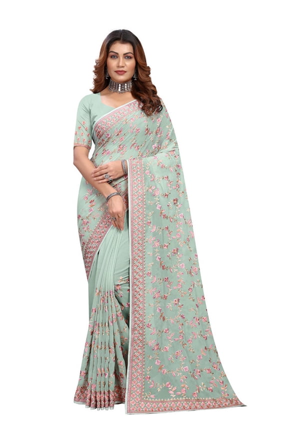 Designer Sea Green Heavy Resham Embroidery Georgette Saree