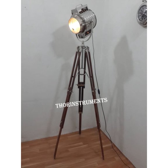 Designer Searchlight Spot Light Nautical Modern Chrome Studio Floor Lamp with BrownTripod
