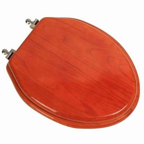 Designer Solid Elongated Oak Wood Toilet Seat with Brushed Nickel Hinges, American Cherry