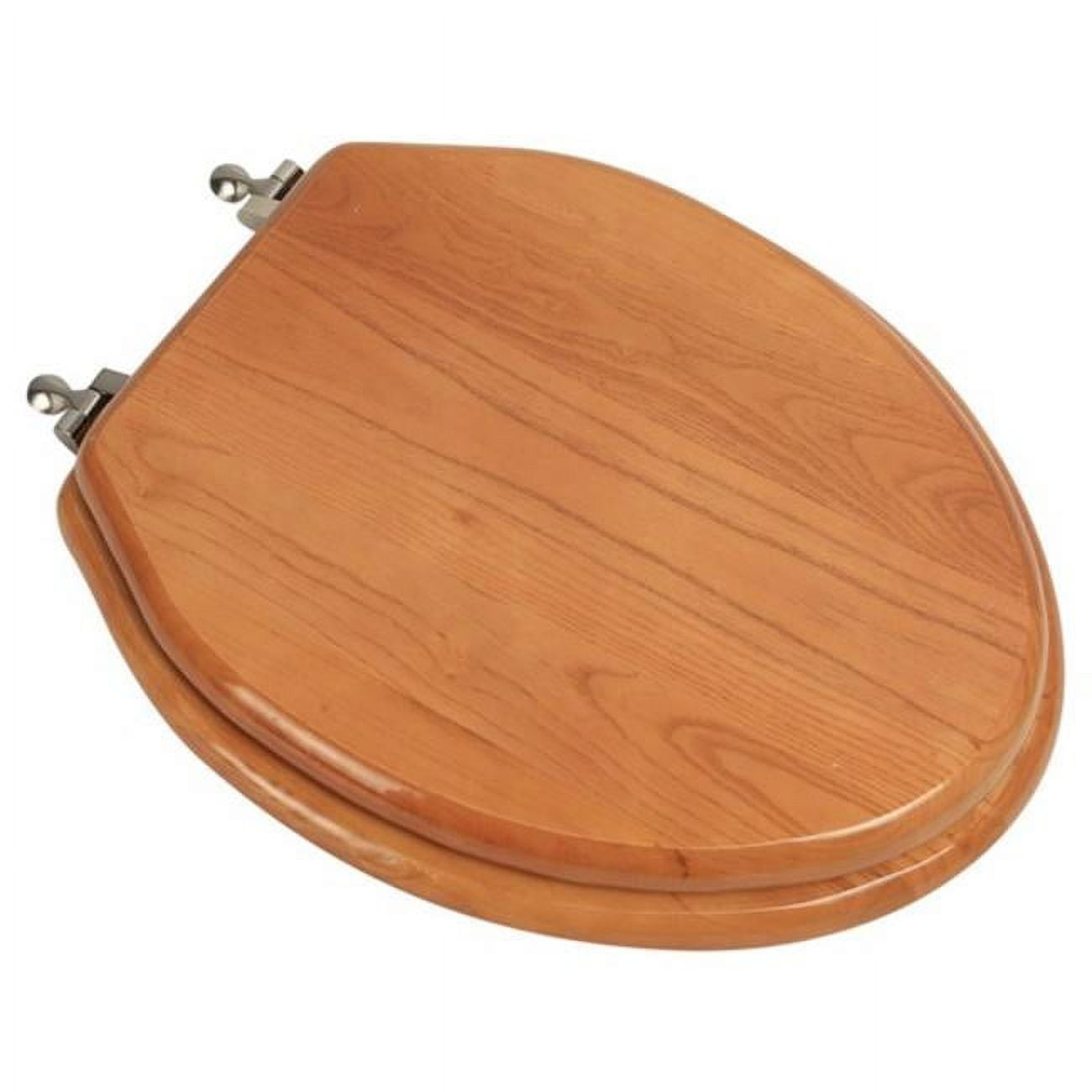 Designer Solid Elongated Oak Wood Toilet Seat with Brushed Nickel Hinges, Natural Red Oak