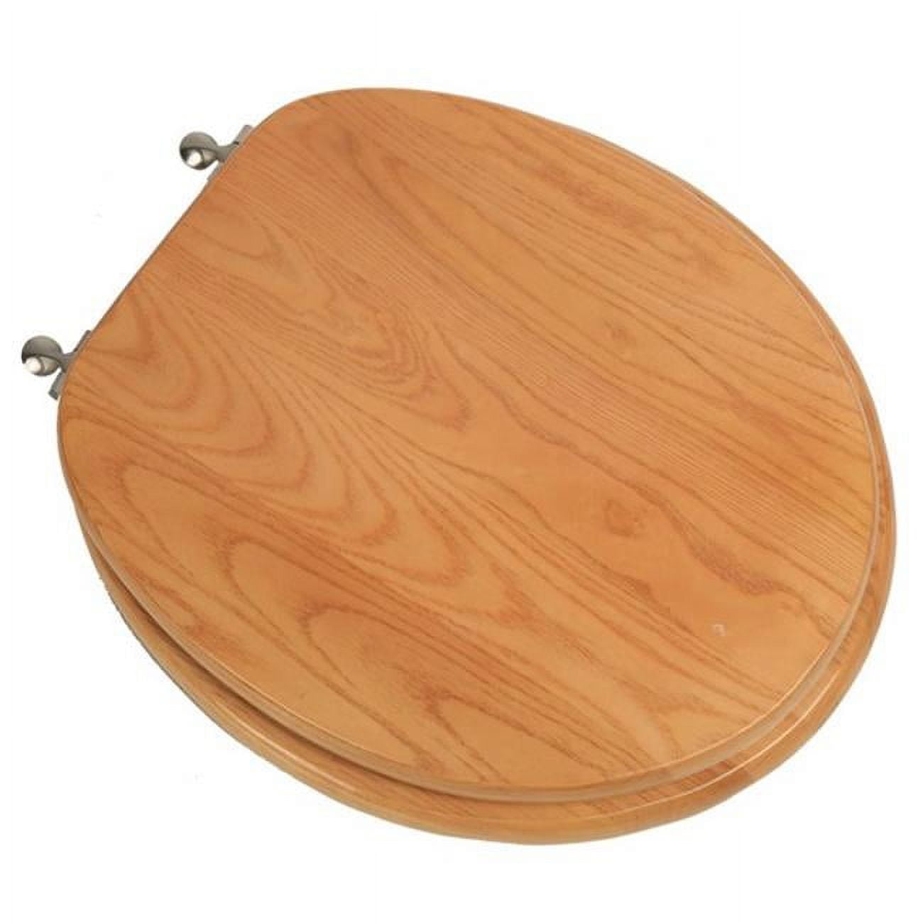 Designer Solid Round Oak Wood Toilet Seat with Brushed Nickel Hinges, Natural Red Oak