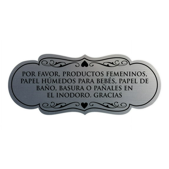 Designer Spanish Por Favor, productos femeninos, papel h?medos para beb?s, papel de ba?o, basura o pa?ales en el inodoro. Gracias Sign (Brushed Silver) - Large