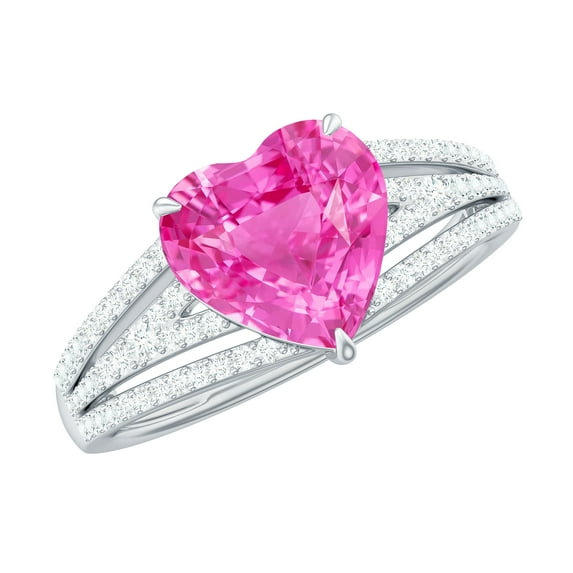 Rosec Jewels Designer Split Shank Ring with Created Pink Sapphire and Diamond (8 mm), 14K White Gold, US 6.50