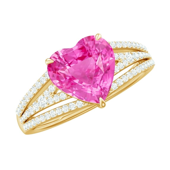 Rosec Jewels Designer Split Shank Ring with Created Pink Sapphire and Diamond (8 mm), 18K Yellow Gold, US 3.50