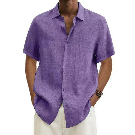 Designer Spring Summer Men's Casual Cotton Linen Solid Color Short Sleeve Shirts Loose Shirts Purple L