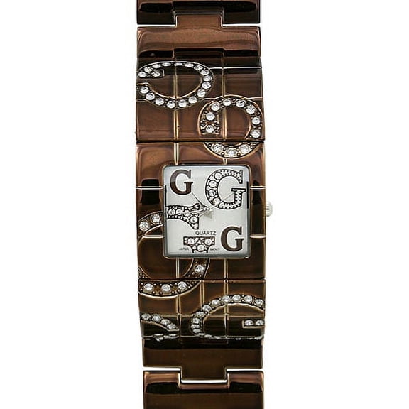 Designer Square Flex Bangle Rhinestone Letter Quartz Womens's Watch - Metal Wide Band - Brown - WT-L80021BN