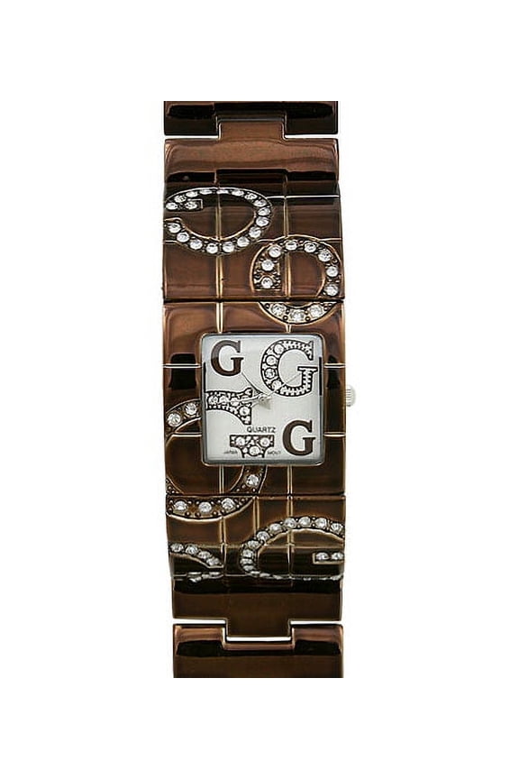 Designer Square Flex Bangle Rhinestone Letter Quartz Womens's Watch - Metal Wide Band - Brown - WT-L80021BN