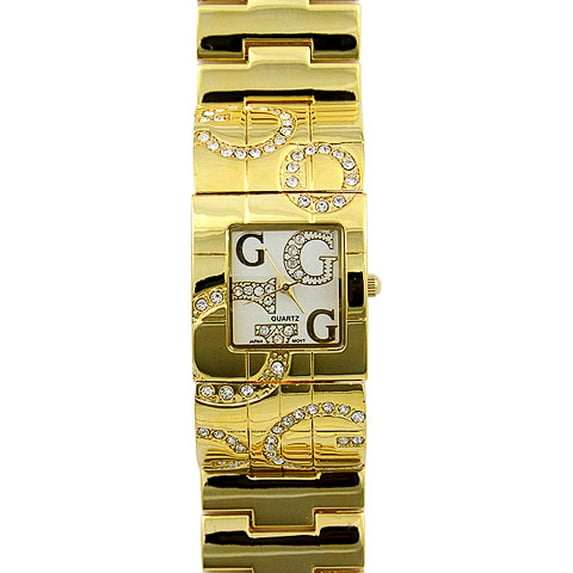 Designer Square Flex Bangle Rhinestone Letter Quartz Womens's Watch - Metal Wide Band - Gold - WT-L80021GD
