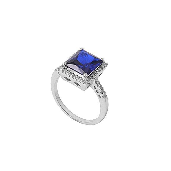 Designer Square Simulated Sapphire Cubic Zirconia Ring Sterling Silver 925 Size 9