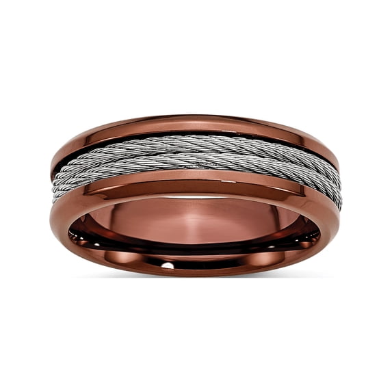 Designer Stainless Steel Ridged Edge Brown Ip-Plated With Cable 7Mm Band (Width=7.00) Made In China -Jewelry By Sweet Pea Creations