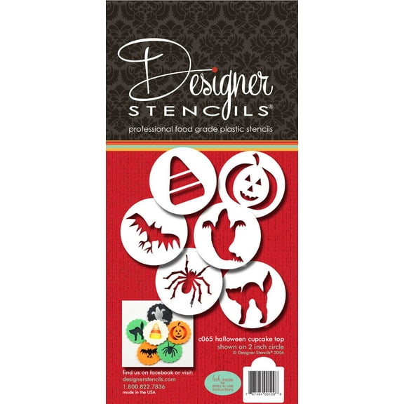 Designer Stencils C065 Halloween Cupcake and Cookie Stencil Set with Cat, Candy Corn, Spider, Ghost, Bat and Pumpkin, Beige/semi-transparent