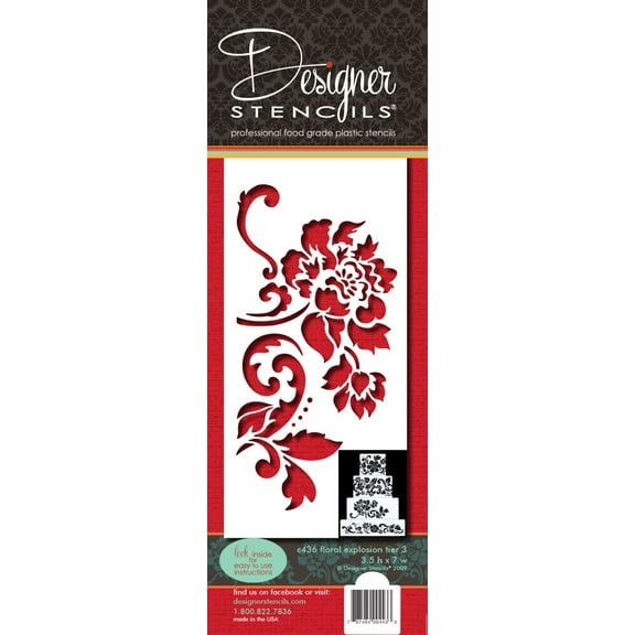 Designer Stencils C436 Floral Explosion Tier 3 Cake Stencil, Beige/semi-transparent