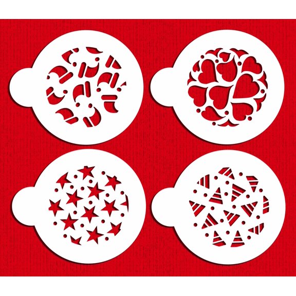 Designer Stencils Holiday Cookies Cake Stencil, (Hearts, Stars, Santa Hat, Candy Corn), Beige/semi-transparent
