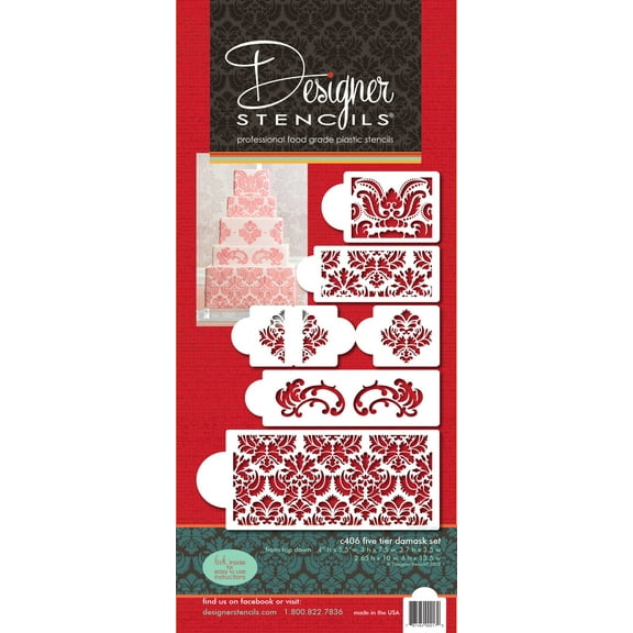 Designer Stencils Martha Stewart's Damask Cake 5-Tier Cake Stencil Set, Beige/Semi-Transparent